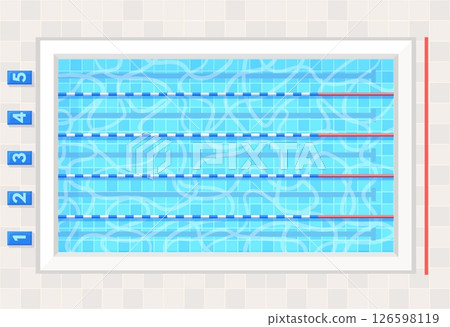 Olympic swimming pool. Swim professional sport competition race, public deep athletic basin lane top view aquatic empty fitness bath ripped water cartoon neat vector illustration 126598119