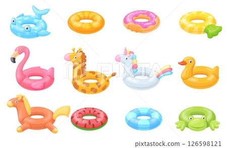 Cartoon swimming rings. Swim ring, inflatable floater rubber circle tube summer beach pool kid toy animal design duck flamingo donut unicorn lifebuoy set, neat vector illustration 126598121