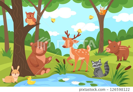 Cartoon animals in forest nature. Cute wild animal scene woodland landscape, squirrel bear fox wood trees wildlife background childish beautiful wallpaper, neat vector illustration 126598122