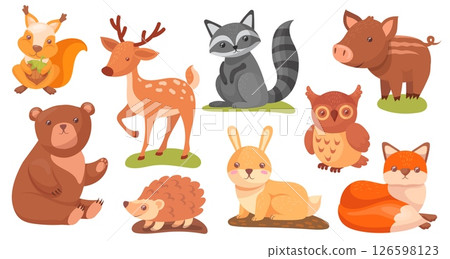 Cartoon wild forest animals. Cute woodland animal characters, childish bear adorable squirrel baby rabbit kid deer wildlife zoo wood land inhabitants set, neat vector illustration 126598123