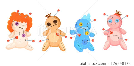 Voodoo dolls. Witch creepy doll with red heart, halloween magic toy cartoon scary puppet with needle set, vector illustration 126598124