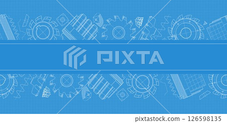 Mechanical engineering drawings on blue background. Cutting tools, milling cutter. Technical Design. Cover. Blueprint. Horizontal seamless pattern. Vector illustration. 126598135