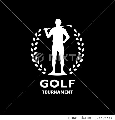 Silhouette of a man playing golf, logo, emblem on a dark background. 126598355