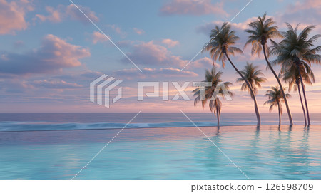 Pastel beach at a tropical resort | Dreamy tropical scenery with palm trees and pools 126598709
