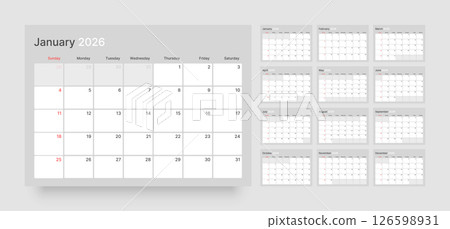 Monthly calendar layout for 2026. Planner diary. Monthly calendar layout for 2026. Planner diary. 126598931