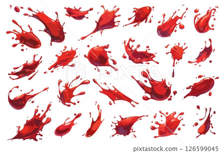 Blood splashes. Cartoon halloween horror murder crime traces drops, red paint sauce ketchup drips stains vector illustration 126599045