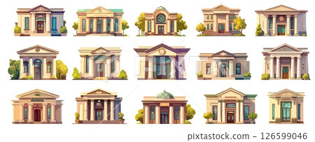 Bank buildings. Cartoon governmental finance house retro architecture columns front view, money loan institution set vector illustration Bank buildings. Cartoon governmental finance house retro architecture columns front view, money loan institution set vector illustration 126599046