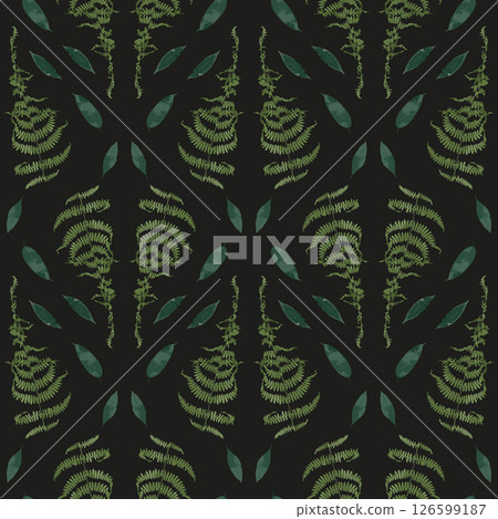 Seamless pattern with dried green fern leaves on black background. Wild forest plant wallpaper. Boho botanical texture. Seamless pattern with dried green fern leaves on black background. Wild forest plant wallpaper. Boho botanical texture. 126599187