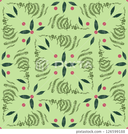 Seamless pattern with dried green fern leaves on pastel background. Wild forest plant wallpaper. Boho botanical texture. Seamless pattern with dried green fern leaves on pastel background. Wild forest plant wallpaper. Boho botanical texture. 126599188