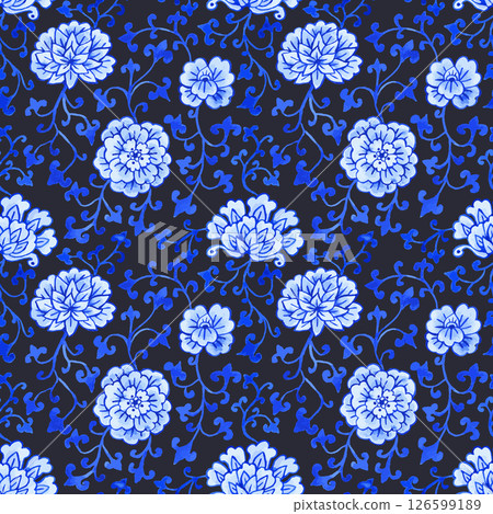Monochrome blue watercolor style chinoiserie seamless pattern Monochrome blue watercolor style chinoiserie seamless pattern 126599189
