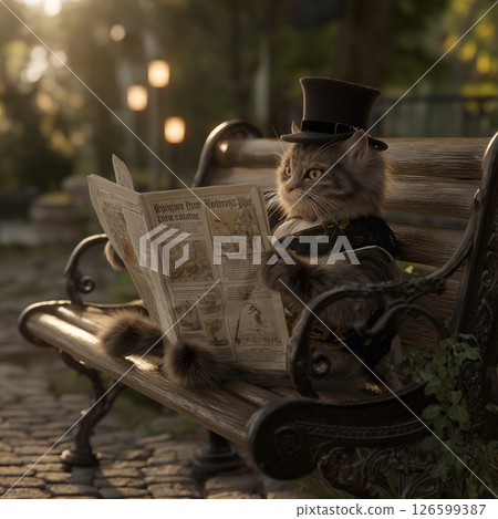 A cat reading a newspaper in the morning park 126599387
