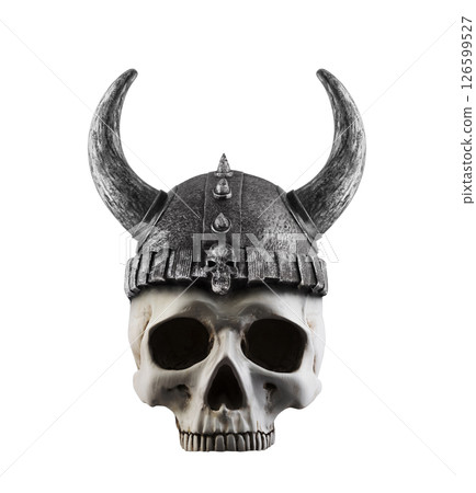 Human skull with horned helmet isolated on white background  126599527