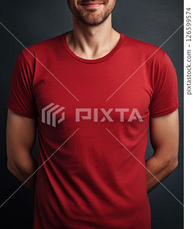 Man wearing red shirt. Empty space to add your logo, text, design. Mockup, template. Ai Generative 126599574
