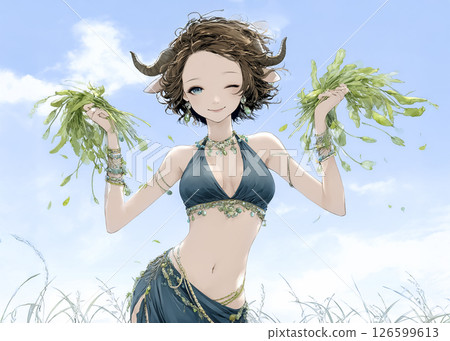 Illustration material of a bison fairy winking while holding delicious looking grass in both hands 126599613