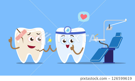 Dentist and patient beside dental chair in clinic . Cartoon character . Isolated on blue background . Vector . 126599619