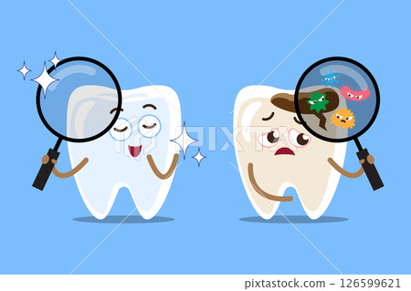 Healthy tooth and decayed tooth hold magnifying glass and seen microorganisms . Cartoon character . Isolated on blue background . Vector . 126599621
