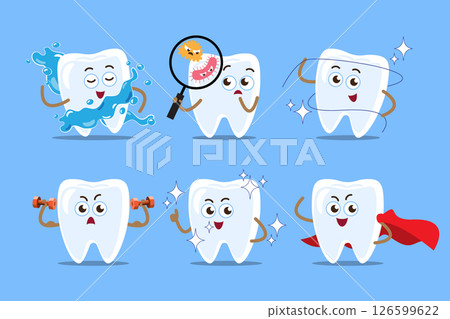 Healthy tooth cartoon character illustration . Isolated on blue background . Vector . 126599622