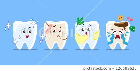 Tooth disease . Healty tooth, cracked tooth, tartar and food stuck on teeth and dental caries . Set of funny cartoon character . Isolated on blue background . Vector . 126599623