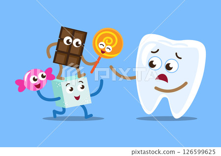 Tooth and Dessert cartoon characters . Isolated on blue background . Vector . Tooth and Dessert cartoon characters . Isolated on blue background . Vector . 126599625