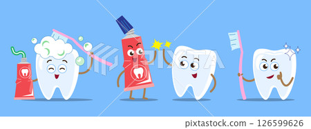 Dental care . Tooth cartoon character with toothbrush and toothpaste . Isolated on blue background . Vector . Dental care . Tooth cartoon character with toothbrush and toothpaste . Isolated on blue background . Vector . 126599626