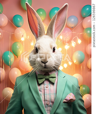 Easter bunny rabbit wearing mint suit. Happy Easter holiday card design. Generative Ai 126599867