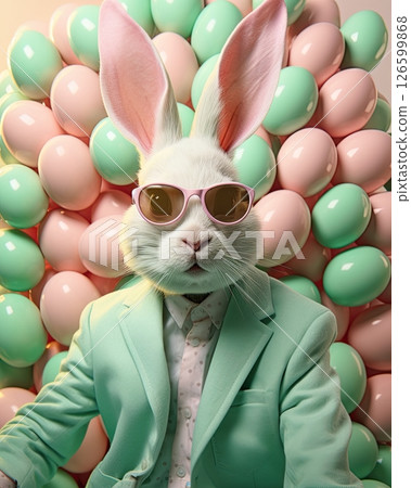Easter bunny wearing mint suit and sunglasses. Happy Easter holiday card. Ai generative 126599868