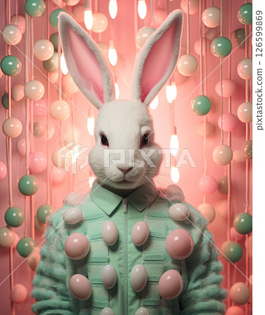 Bunny rabbit fashion model wearing jacket. Happy Easter holiday card design. Ai generative 126599869