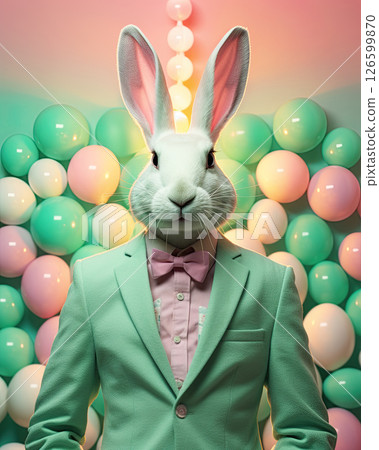Easter bunny rabbit wearing mint suit. Happy Easter holiday card design. Generative Ai 126599870