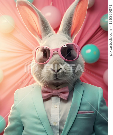 Easter bunny wearing mint suit and sunglasses. Happy Easter holiday card. Ai generative Easter bunny wearing mint suit and sunglasses. Happy Easter holiday card. Ai generative 126599871