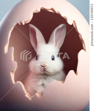 Bunny rabbit inside a big cracked Easter egg. Happy Easter. Postcard design. Generative Ai 126599872
