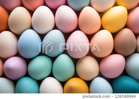 Colorful Easter eggs background. Top view, flat lay. Generative Ai Colorful Easter eggs background. Top view, flat lay. Generative Ai 126599984