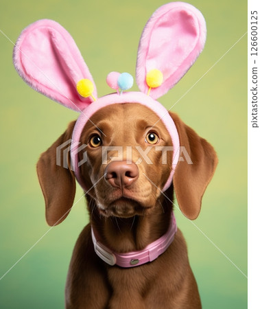 Cute Dog wearing Easter Bunny ears. Generative Ai 126600125