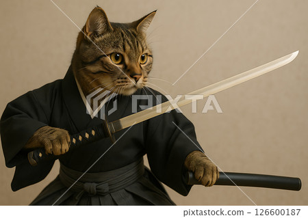 一隻棕色虎斑貓，打扮成手持劍的武士 126600187