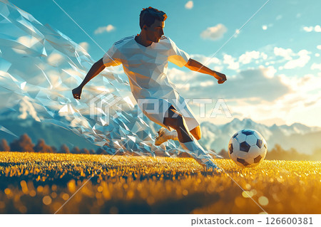 Footballer of the future kicking the ball in action 126600381