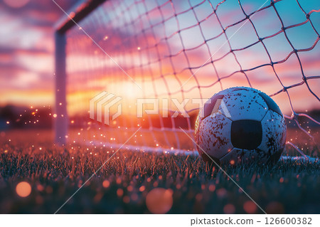 Soccer ball hits the goal net at sunset 126600382