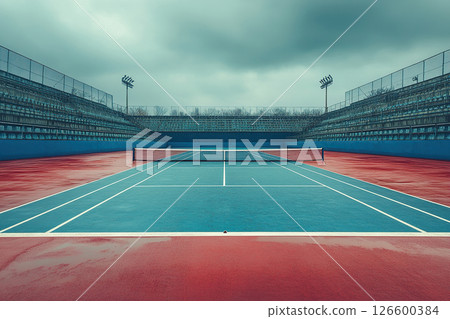 Empty tennis court under cloudy sky 126600384