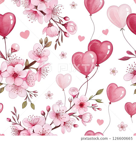 Watercolor Cherry Blossoms and Heart Balloons Pattern on White B 126600665
