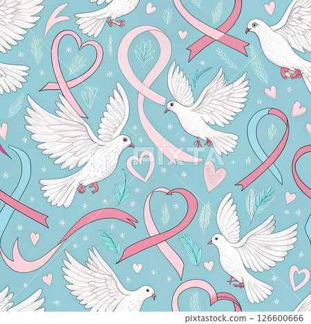 White Doves Soaring with Pink Ribbons and Hearts on Teal Backgro 126600666