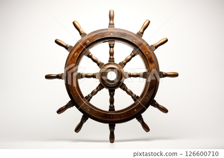 Vintage caravel ship helm. Ship's rudder or steering wheel on white background. Ai generative 126600710
