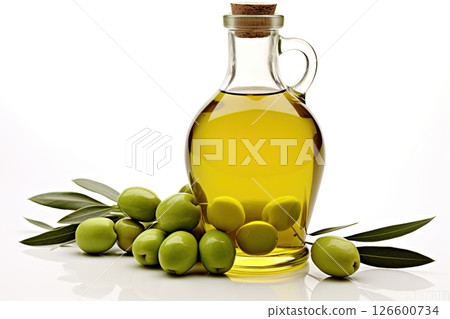Olive oil in a bottle and olives on white background. Ai Generative 126600734