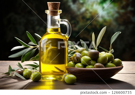 Olive oil in a bottle and olives. Ai Generative 126600735