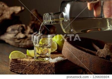 Tequila is poured from a bottle into a glass. Tequila is poured from a bottle into a glass. 126600804