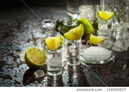Tequila with lime, sea salt, and crushed ice. 126600827