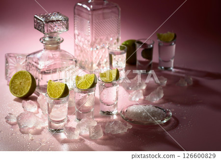 Tequila with lime, sea salt, and crushed ice on a pink background. Tequila with lime, sea salt, and crushed ice on a pink background. 126600829