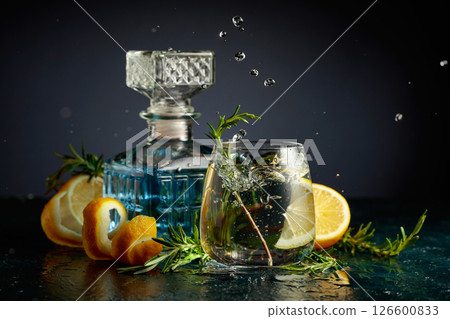 Gin tonic cocktail with lemon and rosemary. 126600833