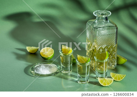 Tequila with salt and lime slices on a green background. Tequila with salt and lime slices on a green background. 126600834