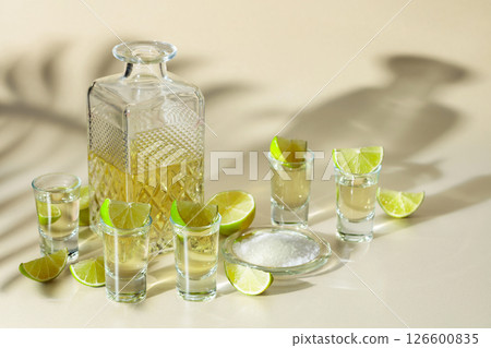 Tequila with salt and lime slices. 126600835