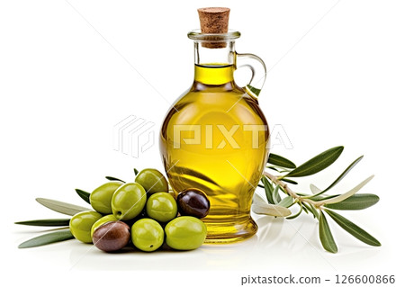 Olive oil in a bottle and olives on white background. Ai Generative 126600866
