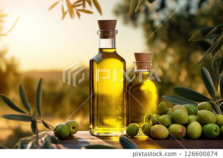 Olive oil in a bottle and olives. Ai Generative 126600874