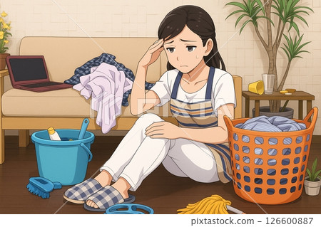 一位因打掃而顯得疲憊的家庭主婦 一位因打掃而顯得疲憊的家庭主婦 126600887